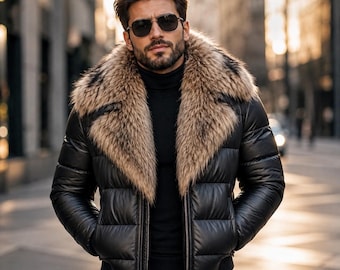 Schwarze Herren-Steppjacke aus Leder | Gesteppter Kunstpelzkragen, warmer Wintermantel
