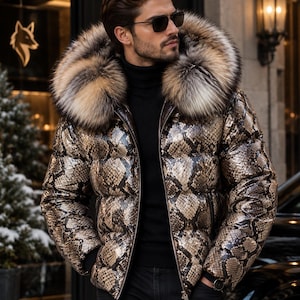 Men's Python Snakeskin Leather Puffer Jacket Faux Fur Collar and Hood