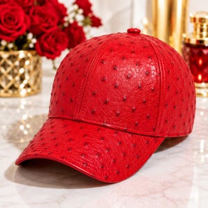 Ostrich  Baseball Red Cap Full Quill With Adjustable Closure Strap ,Lederkappe herren