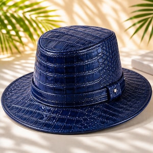 Chapeau de cowboy en cuir bleu gaufré façon crocodile | Style rancher western fait main