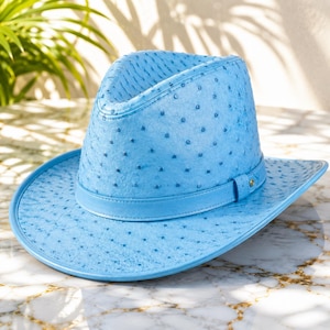 Peut inclure: Un chapeau fedora bleu clair doté d'un motif texturé en peau d'autruche avec une bande assortie. Le chapeau présente une calotte pincée et un large bord, mettant en valeur une texture de surface pointillée uniforme sur tout l'extérieur.