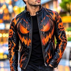 Puede incluir: Una chaqueta de cuero negra con un diseño de cara de calabaza naranja vibrante en el pecho y las mangas, acentuado con patrones de llamas. La chaqueta tiene un cuello alto, una cremallera frontal completa y mangas largas con puños de cremallera.