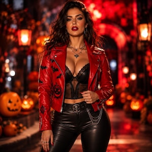 May include: A red leather jacket featuring black bat and pumpkin graphics, worn over a black lace corset top and black leather trousers with a silver chain belt. The jacket has a notched collar, silver zips, and long sleeves with cuff details.
