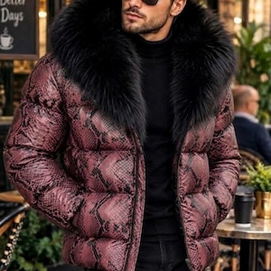 Men's Python Print Puffer Leather Jacket With Faux Fur, Designer Inspired Coat