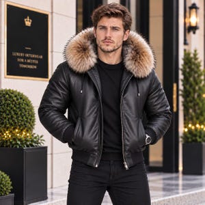 Könnte beinhalten: Eine schwarze Leder-Bomberjacke mit einer großen, dicken Kapuze mit braunem und beigem Kunstfellbesatz, einem Frontreißverschluss, gerippten Bündchen und zwei Seitentaschen. Die Jacke wird über einem schwarzen Shirt und zu einer schwarzen Hose getragen.
