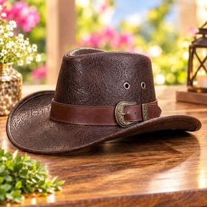 Op de afbeelding: Een donkerbruine cowboyhoed met een getextureerde, verweerde afwerking. De hoed heeft een gladde bruine leren band rond de kroon, vastgezet met een sierlijke, antiek ogende koperen gesp. Twee metalen ventilatiegaatjes zijn aan de zijkant zichtbaar.