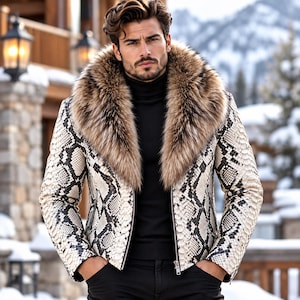 Weiße Herren-Lederjacke mit schwarzem Schlangenmuster und langem Pelzkragen, luxuriöse Winterjacke