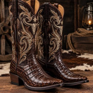 Puede incluir: Un par de botas vaqueras de cuero marrón oscuro con un patrón de piel de cocodrilo texturizado en el pie y la caña. La parte superior de la caña está decorada con un intrincado bordado color crema que representa un cráneo de toro y volutas.