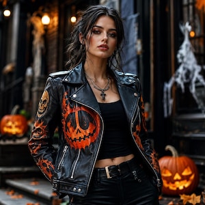 May include: A black leather motorcycle jacket featuring orange painted skull and jack-o'-lantern graphics on the sleeves and chest. The jacket has a notched lapel, silver-toned metal zippers, and snap button details, worn over a black tank top.