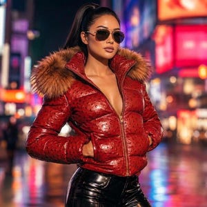 Puede incluir: Una chaqueta acolchada roja con un patrón texturizado de piel de avestruz, con un borde de capucha de piel sintética marrón y una cremallera frontal dorada. La chaqueta se combina con gafas de sol y pantalones negros brillantes.