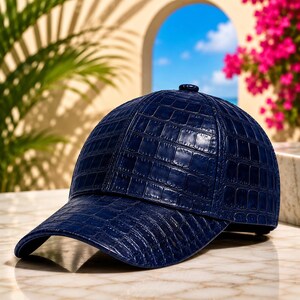 Blue Crocodile Embossed Leather Baseball Cap | Genuine Leather Hat (Adjustable)