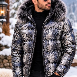 Men's Python Snakeskin Leather Puffer Jacket Faux Fur Hood