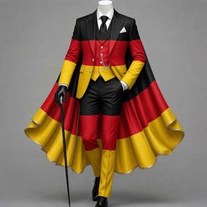 Peut inclure: Un costume trois-pièces composé d'une veste, d'un gilet et d'un pantalon, arborant un motif horizontal à blocs de couleurs noir, rouge et or. L'ensemble comprend une cape assortie arrivant au sol, une chemise blanche, une cravate et une canne.