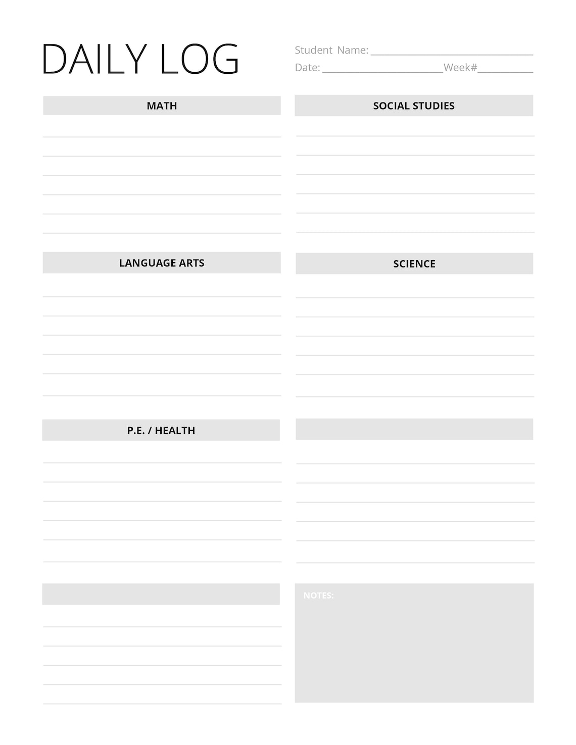 Homeschool Daily Log PDF (with Subjects) - Etsy