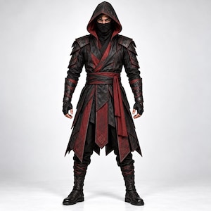 May include: A hooded long-sleeved tunic in black and dark red with layered shoulder armor, a wide wrap-around waist sash, and matching fingerless gloves. The outfit includes black trousers and tall black boots with red lace-up detailing.