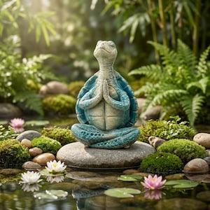 Op de afbeelding: Een schildpadbeeldje in een zittende meditatiehouding met de handen tegen elkaar voor de borst. De schildpad heeft een getextureerde, verweerde afwerking in tinten blauwgroen, blauw en crème, met gesloten ogen en een vredige uitdrukking.