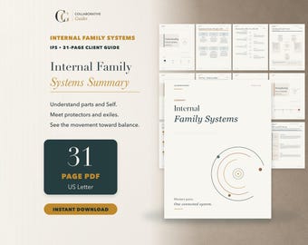 Puede incluir: Una guía para clientes de 31 páginas sobre Sistemas de Familia Interna en formato US Letter. El documento presenta una portada blanca con un diagrama circular, el texto Internal Family Systems y el subtítulo Distinct parts. One connected system. Incluye varias vistas previas de páginas.