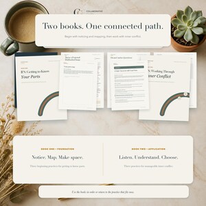 Puede incluir: Un conjunto de dos libros titulados IFS: Getting to Know Your Parts e IFS: Working Through Inner Conflict, con portadas blancas y gr&aacute;ficos de arcos en verde oscuro y naranja. Incluye hojas de trabajo internas con texto y pautas.