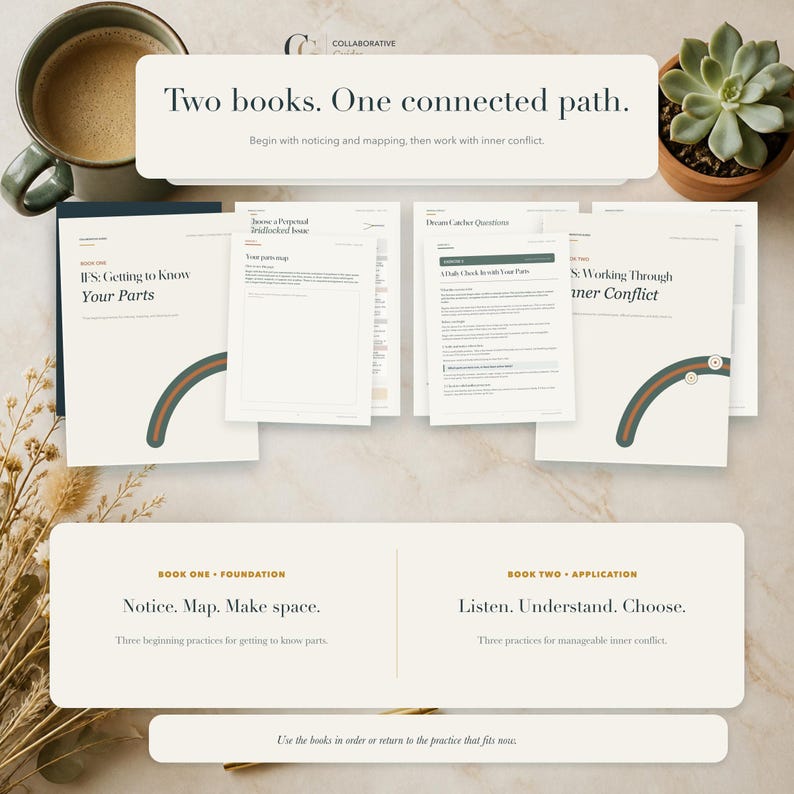 Puede incluir: Un conjunto de dos libros titulados IFS: Getting to Know Your Parts e IFS: Working Through Inner Conflict, con portadas blancas y gr&aacute;ficos de arcos en verde oscuro y naranja. Incluye hojas de trabajo internas con texto y pautas.