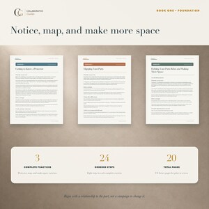 Puede incluir: Una gu&iacute;a digital titulada Collaborative Guides Book One Foundation con tres p&aacute;ginas de ejercicios con el texto Notice, map, and make more space. La secci&oacute;n inferior enumera 3 pr&aacute;cticas completas, 24 pasos y 20 p&aacute;ginas.