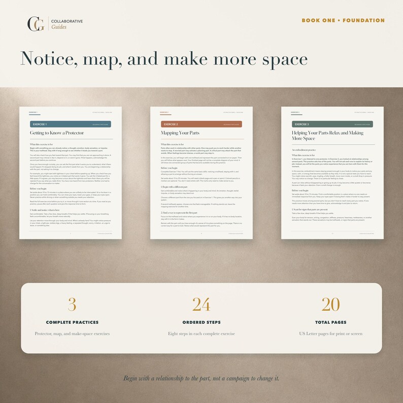Puede incluir: Una gu&iacute;a digital titulada Collaborative Guides Book One Foundation con tres p&aacute;ginas de ejercicios con el texto Notice, map, and make more space. La secci&oacute;n inferior enumera 3 pr&aacute;cticas completas, 24 pasos y 20 p&aacute;ginas.