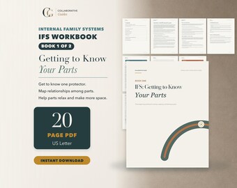 Puede incluir: Un libro de ejercicios en PDF de 20 páginas en formato US Letter titulado Internal Family Systems IFS Workbook Book 1 of 2: Getting to Know Your Parts. El documento incluye texto, un índice y una portada con una línea curva de color verde oscuro.