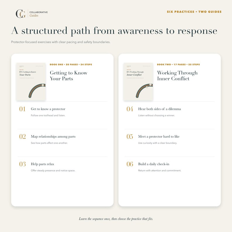 Puede incluir: Una gu&iacute;a digital titulada A structured path from awareness to response que presenta dos libros: Getting to Know Your Parts con 20 p&aacute;ginas y 24 pasos, y Working Through Inner Conflict con 17 p&aacute;ginas y 23 pasos, detallando seis pr&aacute;cticas.