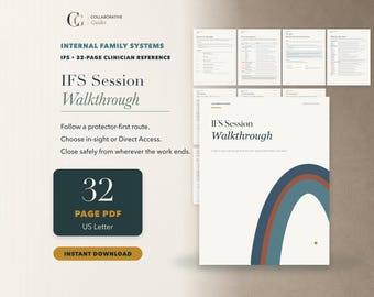 Puede incluir: Una guía de referencia clínica en PDF digital de 32 páginas titulada IFS Session Walkthrough. El documento presenta una portada minimalista con un gráfico de arco azul y naranja, junto con varias páginas de texto sobre la terapia de sistemas familiares internos.