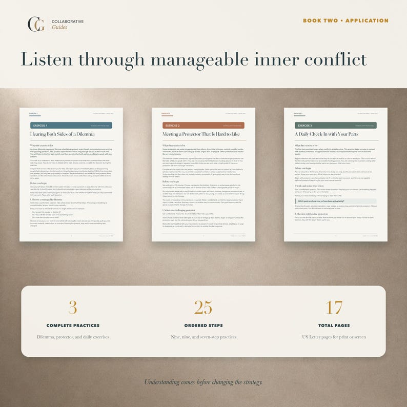 Puede incluir: Un documento digital titulado Collaborative Guides Book Two Application con el texto Listen through manageable inner conflict. Muestra tres p&aacute;ginas de ejercicios, 3 pr&aacute;cticas completas, 25 pasos ordenados y 17 p&aacute;ginas en formato US Letter.