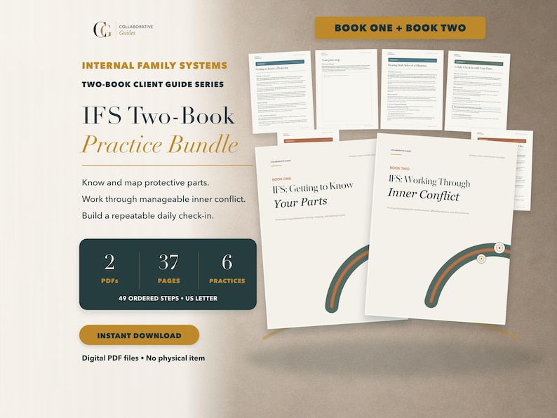 Puede incluir: Un paquete digital de dos libros de pr&aacute;ctica de Internal Family Systems que incluye dos gu&iacute;as en PDF tituladas IFS: Getting to Know Your Parts e IFS: Working Through Inner Conflict. El conjunto incluye 37 p&aacute;ginas, 6 pr&aacute;cticas y 49 pasos en formato US letter.