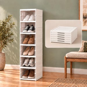 May include: A tall, white, modular shoe storage tower with six clear, front-opening compartments, each containing a pair of shoes. An inset shows a single, collapsed white storage unit with five horizontal slats on its front panel.