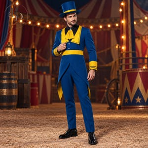 May include: A blue tailcoat suit with yellow lapels, cuffs, and a waist sash, paired with a matching blue top hat featuring a yellow band. The ensemble includes a black shirt with a yellow cravat, blue trousers, and black dress shoes.