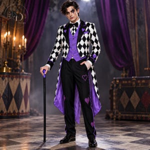 May include: A formal tailcoat suit featuring a black and white diamond pattern, a purple waistcoat, and black trousers adorned with purple heart appliqués. The ensemble includes a black bowtie, a white collared shirt, and a black walking cane with a purple handle.