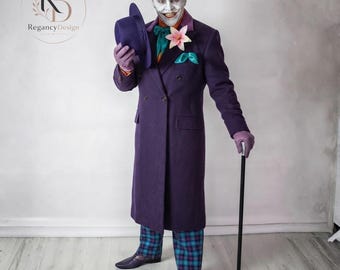 Cappotto da uomo viola in lana stile Joker / Cappotto doppiopetto ispirato al cattivo di Gotham del 1989 / Costume cosplay gotico / Cappotto lungo in lana personalizzato