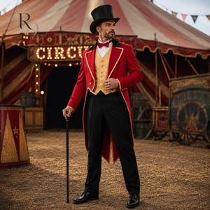 Op de afbeelding: Een circusdirecteurkostuum bestaande uit een rode pandjesjas met gouden bies, een goudkleurig vest met patroon, een wit overhemd met kraag en een rode vlinderdas. De outfit bevat een zwarte broek, een hoge hoed en een zwarte wandelstok.