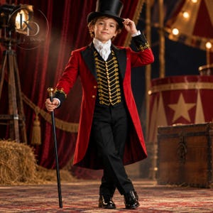 May include: A ringmaster costume featuring a red tailcoat with black lapels, a black waistcoat with gold braided trim and buttons, a white cravat, black trousers, and a black top hat. The ensemble includes a black cane with a gold-coloured handle.