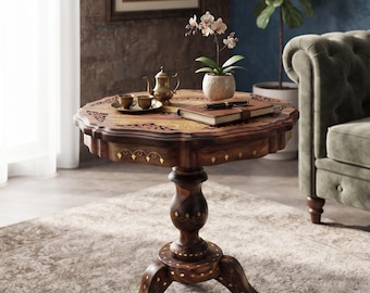 Mesa de apoio de madeira, mesa de cabeceira com pedestal artesanal, mesa lateral redonda para sala de estar, mesa de canto para centro esculpida, mesa pequena de madeira, para casa