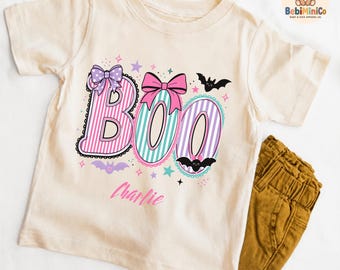 Boo Personalized Girl Halloween Shirt, Custom Baby Halloween Onesie, Cute Pastel Pink Toddler Shirt, Spooky Kids Fall Outfit