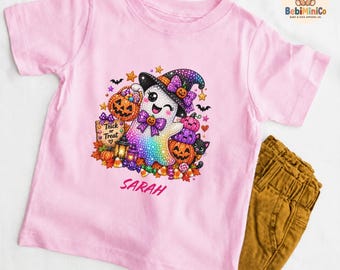Personalized Cute Ghost Toddler T-Shirt, Glitter Sparkle Look Spooky Season Tee, Custom Name Halloween Girl Shirt