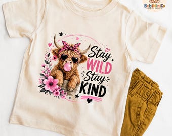 Stay Wild Stay Kind Highland Cow Baby Onesie, Cute Western Toddler Shirt, Country Girl Baby Shower Gift, Pink Floral Kids Tee
