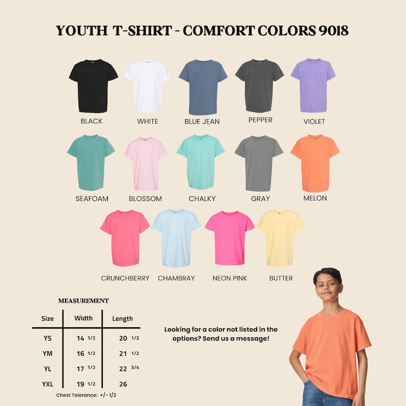 May include: A collection of Comfort Colors 9018 youth t-shirts in fourteen colors including black, white, blue jean, pepper, violet, seafoam, blossom, chalky, gray, melon, crunchberry, chambray, neon pink, and butter, with a size chart in inches.