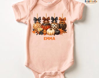 Custom Name Halloween Candy Apple Kids Shirt, Personalized Fall Toddler Shirt, Cute Autumn Baby Onesie, Matching Mommy and Me Fall Shirt