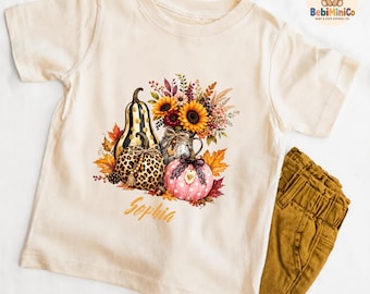 Personalized Fall Pumpkin Infant Shirt, Custom Autumn Baby Onesie, Thanksgiving Outfit, Leopard Sunflower Toddler Gift