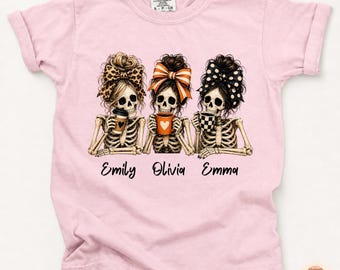 Personalized Halloween Besties T-Shirt, Custom Skeleton Sisters Shirt, Coffee Lovers Skeleton Tee, Halloween Group Matching Shirts
