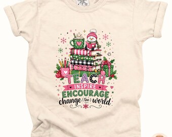 Teach Inspire Encourage Shirt, Christmas Teacher Shirt, Winter Teacher Tee, Snowman Bookish Teacher Gift, Holiday Educator Shirt