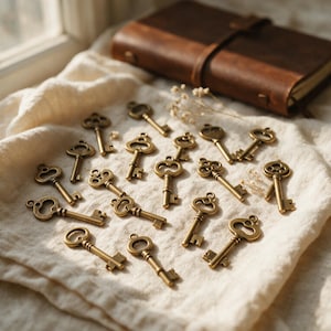 Può includere: Una collezione di quindici piccole chiavi in ottone in stile antico con impugnature ornate e forme di dentatura variabili. Ogni chiave presenta un piccolo occhiello sulla parte superiore per l'aggancio, con una finitura metallica dorata.
