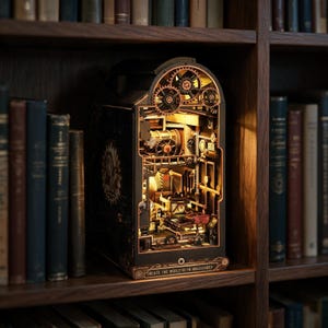 Op de afbeelding: Een zwarte, boogvormige boekensteun met een gedetailleerd, verlicht mechanisch werkplaatsinterieur met zichtbare tandwielen, leidingen en industriële onderdelen. De basis bevat de tekst, CREATE THE WORLD WITH MACHINERY, in een goudkleurig lettertype.