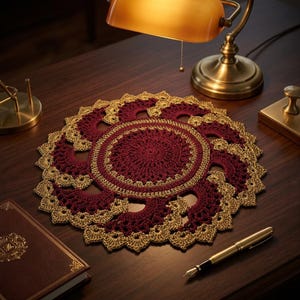 May include: A circular crochet doily featuring a deep burgundy center with intricate stitching, surrounded by a decorative border of metallic gold yarn. The design includes repeating fan-like patterns that extend outward to a scalloped edge.