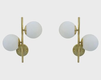 Pair of Italian Brass & Opaline Glass Wall Lamps, Stilnovo Style, Mid-Century Modern Vintage Sconces, Italian Designer Wall Lighting
