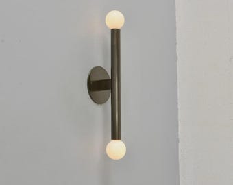 LUstick Sconce BRZ, Bronze Brass Tubular Wall Light, Italian Mid-Century Modern Sconce, 2-Light Sculptural Designer Wall Lamp
